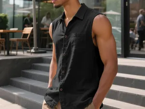 Men's casual sleeveless linen shirt featuring breathable fabric texture and pocket detail
