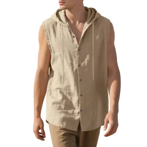 Detailed view of a khaki sleeveless hooded linen shirt showing high-quality fabric texture
