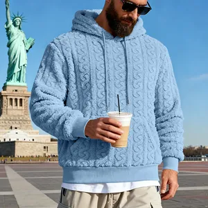 Sweat à capuche bleu en polaire teddy pour homme avec texture jacquard en extérieur