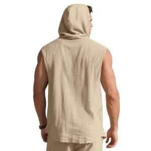 Back view of men's beige sleeveless linen hoodie featuring a breathable fabric texture