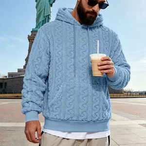 Sweat à capuche pour homme en polaire teddy jacquard bleu avec motif tricoté texturé