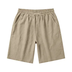 Men's linen casual shorts with elastic drawstring waist and side pockets in khaki.