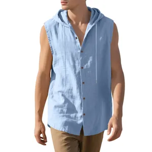 Light blue linen hooded sleeveless shirt with button detail and textured fabric view.