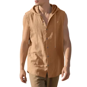 Macro view of men's sleeveless hooded shirt showing linen texture and buttons.
