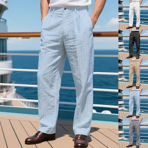 Stylish men's striped linen casual straight-leg trousers shown in various resort colors.