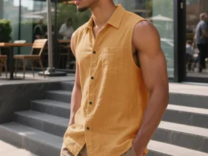 Men's casual sleeveless linen-textured shirt in mustard yellow with button-down detail