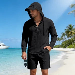 Heren strandset van zwart linnen met shirt met lange mouwen en capuchon en bijpassende shorts