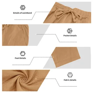 Vistas detalladas de pantalones de lino para hombre con cintura, bolsillos y tela