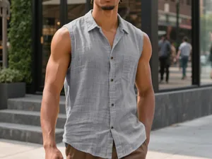 Close-up of a grey sleeveless linen shirt for men in a professional casual street style