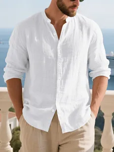 Men Casual Linen Henley Shirt Long Sleeve Mandarin Collar Solid Color Summer Beach Woven Breathable Top