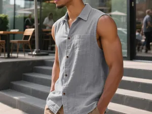 Close-up of a sleeveless linen shirt featuring a textured fabric and button details.