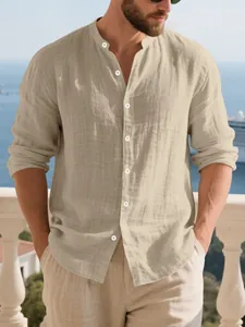 Casual men's long sleeve linen henley shirt with standing collar in stylish beige