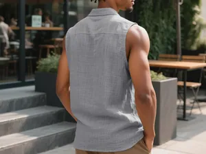 Detailed back view of a grey sleeveless casual linen shirt for men in a patio