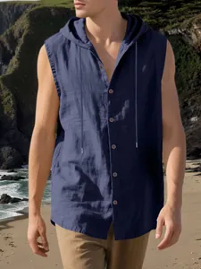 Camicia da uomo in lino senza maniche con cappuccio, blu navy, ideale per l'estate.