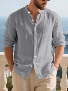 Men's casual long sleeve gray linen shirt with stand collar henley design for summer
