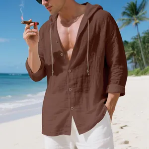 Detailed view of a men's loose brown linen hooded long-sleeve casual button shirt