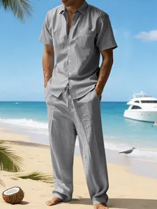Conjunto Casual de Lino para Hombre Camisa de Manga Corta y Pantalón Largo Color Sólido Ropa de Verano para Playa Parte Superior e Inferior