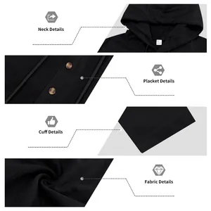 Details van zwart linnen shirt met capuchon: kraag, knopen, manchetten en textuur van de stof.