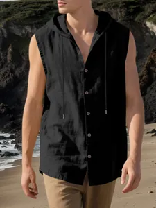 Camicia casual in lino nero senza maniche con cappuccio da uomo, top traspirante per la spiaggia