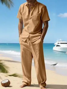Conjunto casual de lino para hombre con camisa de manga corta y pantalón largo