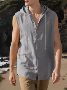 Camicia casual da uomo senza maniche con cappuccio in lino grigio per stile estate