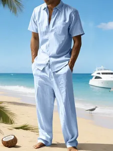 Conjunto casual de lino azul claro para hombre con camisa y pantalones de playa