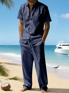 Conjunto de lino azul marino para hombre con camisa de manga corta y pantalón con cordón
