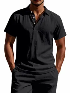 Polo casual de lino negro para hombre con manga corta y tejido transpirable de alta calidad