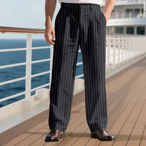 Mens casual black vertical striped linen straight-leg trousers worn on a ship deck