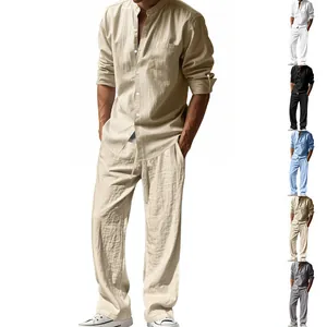 Set Casual da Uomo in Lino Estivo Camicia a Maniche Lunghe Collo alla Coreana e Pantaloni con Coulisse Traspirante Spiaggia Sopra e Sotto
