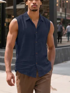 Men's Casual Sleeveless Shirt Linen Blend Breathable Solid Color Lapel Button Up Top With Pocket For Summer Daily Wear Fashion