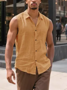 Men's casual sleeveless linen lapel shirt in amber yellow for stylish urban daily wear
