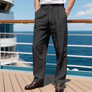 Full view detail of casual pinstripe linen trousers for men with straight leg design
