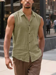 Men's casual sleeveless linen shirt with lapel collar and chest pocket, olive green.