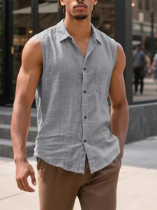 Stylish men's sleeveless linen button-down shirt with lapel collar and chest pocket