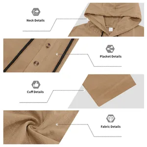 Details van de linnen heren hoodie set met kraag, knoopsluiting en stofstructuur.