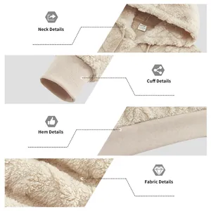 Détails du sweat à capuche en polaire beige: col, poignets, ourlet et tissu texturé.