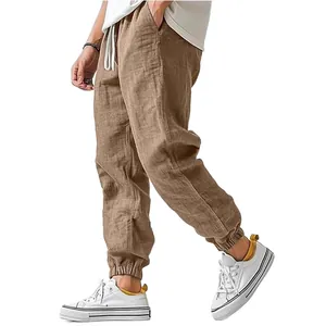 Men's loose and breathable cotton linen casual joggers with drawstring elastic waist