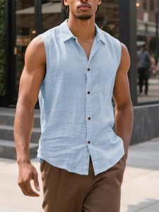 Men's casual sleeveless light blue linen shirt featuring a turn-down collar and pocket