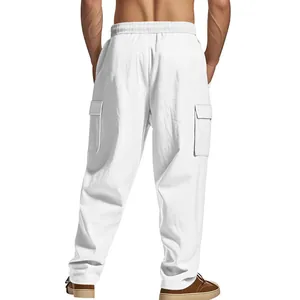 Back view of men's loose fit white cargo pants featuring breathable fabric and multi-pockets