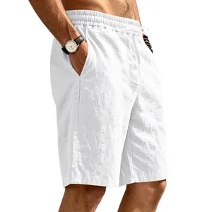 Side view detail of men's white breathable linen cotton casual drawstring beach shorts