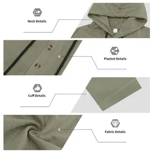 Detailweergaven van olijfgroen linnen shirt met capuchon met stof- en manchetkwaliteit