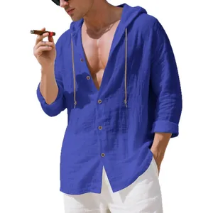 Men's loose royal blue linen hooded shirt featuring long sleeves and casual wooden buttons