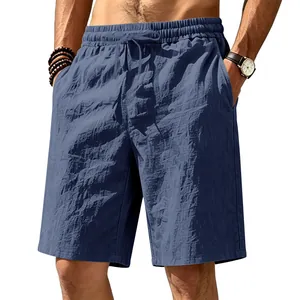 Close-up of blue men's breathable linen casual shorts with drawstring waist