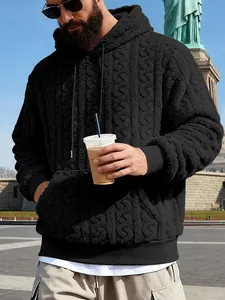 Sweat à capuche noir pour homme en polaire jacquard teddy, style de vie en plein air