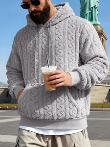 Sweat à capuche gris pour homme en polaire teddy jacquard douce avec poche kangourou