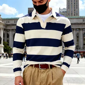 Polo à manches longues rayé bleu marine et crème pour homme, coupe décontractée et chic