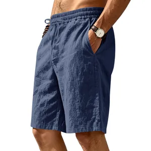 Close-up view of men's breathable navy linen casual beach shorts with drawstring waist