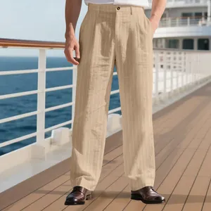 Detail of men's linen striped trousers featuring a classic straight-leg fit and breathable fabric