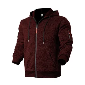 Felpa pesante con cappuccio in pile cationico da uomo con tasca colore bordeaux